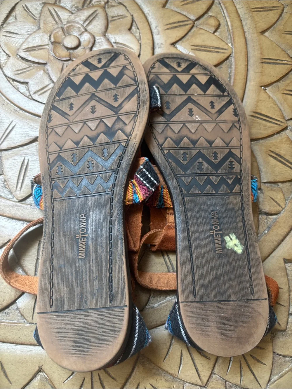 Minnetonka Fringed Suede Women’s Sandals with Woven Accents